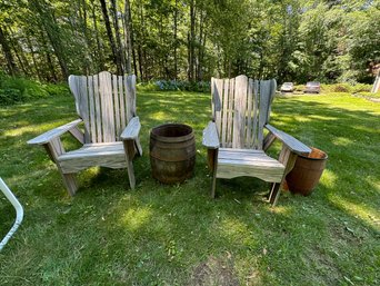 A PAIR OF LARGE ADIRONDACK CHAIRS AND TWO BARRELS