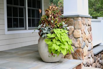 1 Of 2 Very Large Glazed Ceramic Planters With Floral Plantings