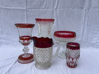 Collection Of Vintage Cranberry Glass And Crystal Vases, Bowls And Pitchers