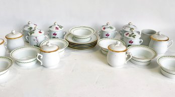 Set Of 6 Wildflower Porcelain Pots With 6 Lids  Stamped Lourioux 'La Faune', Set Of 8 Demitasse Cups With 8 Li