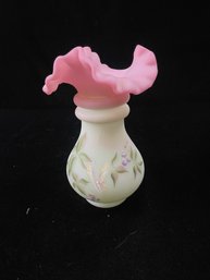 Fenton Lotus Mist Glass Ruffled Vase Hand Painted Butterfly And Vines