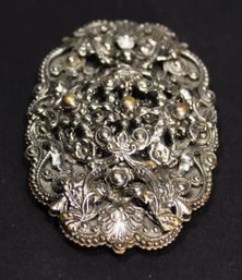 Antique Large Silver Tone Dress Clip In Repousse