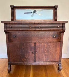 Antique Oak Arts & Crafts Style Sideboard Dresser With Mirror On Casters