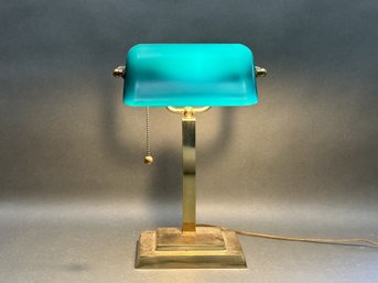 A Vintage Banker's Lamp In Brass With A Green Glass Shade