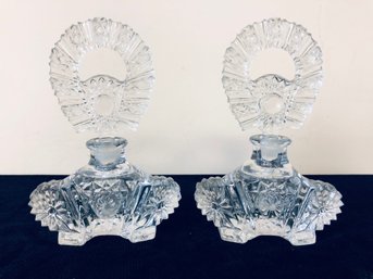 Pair Of Vintage Art Deco Clear Cut Glass Hobstar Style Pattern Perfume Cologne Bottle