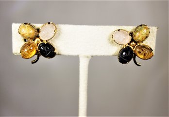 Vintage 1950s Gold Filled Screw Back Carved Scarab Semiprecious Stone Earrings