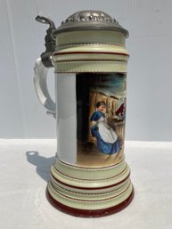Vintage German Lidded Stein With Lithophane Panel- Put Up In Light And A Scene Inside