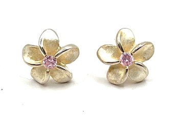 Beautiful Sterling Silver Vermeil And Pink Stone Flower Earrings