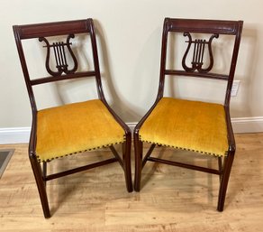 Pair Of Lyre Velvet Upholstered Side Chairs With Nailhead Trim