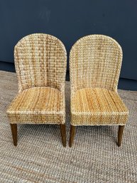 Pair Of Woven Banana Leaf Parson's Chairs With Cushions