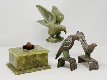 Vintage Onyx Box And Three Bird Figurines