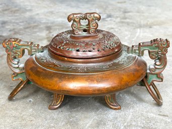 An Antique Chinese Bronze Lidded Censor, Or Incense Burner