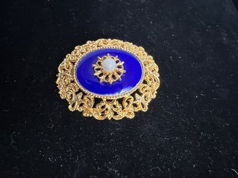 Vintage Victorian Revival Blue Enamel & Gilt Metal Brooch