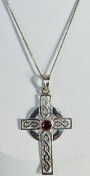 SIGNED CME STERLING SILVER AND GARNET CELTIC CROSS NECKLACE