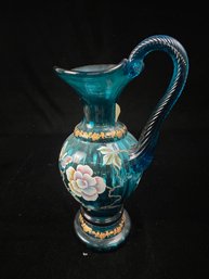 Fenton Blue Hand Painted Floral Pitcher New Century Collection