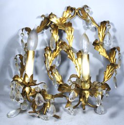 Vitnage 1960s Italian Gilt Tole Electrified Wall Sconces Having Prisms