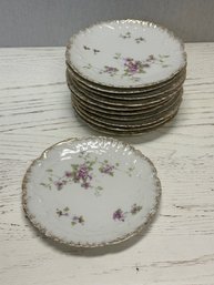 A VINTAGE Set Of 11 Dessert/ Cake Plates - Pretty Violets & Gold Edge Design