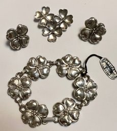 SIGNED DANECRAFT STERLING SILVER DOGWOOD BRACELET, BROOCH, EARRINGS