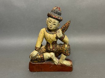 A Vintage Figural Asian Deity, Handcrafted In Wood