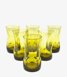 Set Of 6 Vintage Hand-blown Blenko Style Dimpled Avocado Glass Tumblers