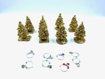 Set Of 8 Goldtone Pine Tree Place Card Holders & 8 Martini Rossi Wine Charms