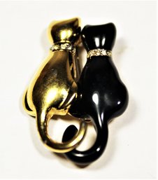 Vintage Black And Gold Tone Cats Brooch Rhinestones