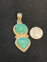 Vintage .925 Sterling Silver Blue Turquoise Double Stone Necklace Pendant - 12g