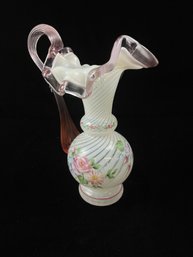 Fenton Glass Pink / Peach Opalescent Swirl Pitcher Hand Painted