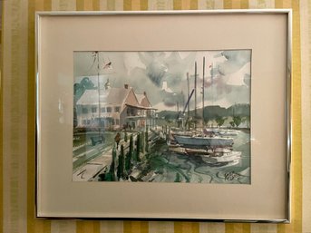 Framed Peter Clarke Watercolor Harbor Scene, Dated 1987