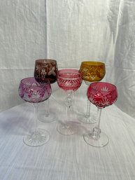 Vintage Set 5 Stem Wine Glasses With Color Overlay Cut To Clear