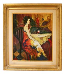 Oil On Canvas  Painting Of Woman With Drink  Waiting  In Anticipation Gold Gilt Frame $990.
