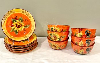 Maxcera Orange Rooster Bowls And Plates, Six Of Each