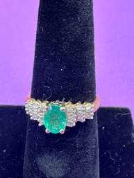 14K Yellow Gold Band With Emerald Center And Baggett Diamonds   Total Wgt.  2.84gr