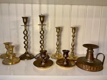 Vintage Open Barley Twist Brass Candleholders & Collection Of Others