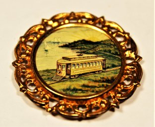 Antique Gilt Tin Trolly Train Badge Pin