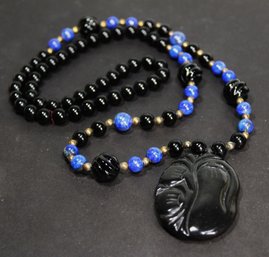 Chinese Black Onyx & Genuine Lapis Beaded Necklace Having Large Pendant