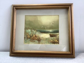 Signed Oil Painting Of Seagulls Flying Over The Shore