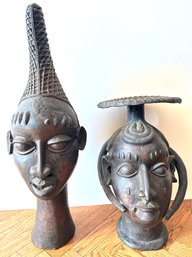 2 Vintage African Bronze Heads, Taller Is Queen Mother's Head From Benin