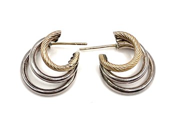 Vintage Sterling Silver Two Toned Textured Three Hooped Earrings