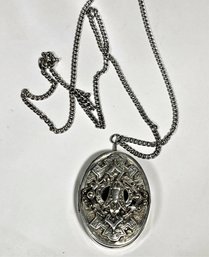 Silver 24' Long Chain Necklace Having Large Silver Victorian Revival Locket