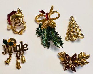 5 GOLD TONE HOLIDAY PINS - SANTA, JINGLE, XMAS TREE, POINSETTA & BOW