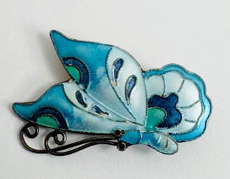 BEAUTIFUL STERLING SILVER BLUE AND WHITE ENAMELED BUTTERFLY BROOCH