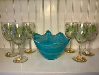 Spanish Art Glass Bowl & Seashell Wine Glasses