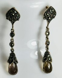 PRETTY STERLING SILVER FACETED SMOKY QUARTZ AND MARCASITE DANGLE EARRINGS