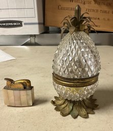 Vintage Evans Cit Glass Pineapple Table Lighter Circa 1960s, Brass French Made Depose. SUZ/c4