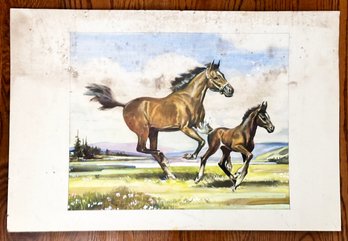 An Original Mid Century Watercolor On Board, Equestrian Themed, Initialed By Artist RT