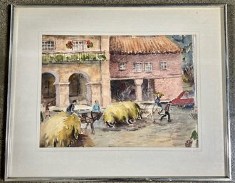 Framed Watercolor, Village Scene, Unsigned