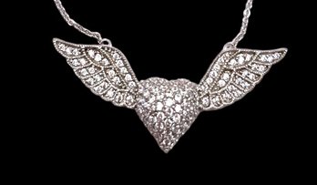 Vintage Esposito Sterling And CZ Winged Heart Pendant On Chain