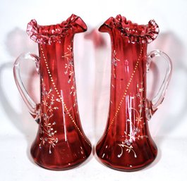 Victorian Tall Hand Painted Gilt Cranberry Glass Water Pitcher