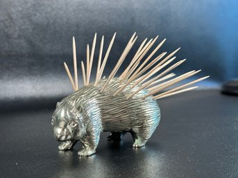 A Whimsical Porcupine Toothpick Holder In Silver-Toned Metal, Made In Japan